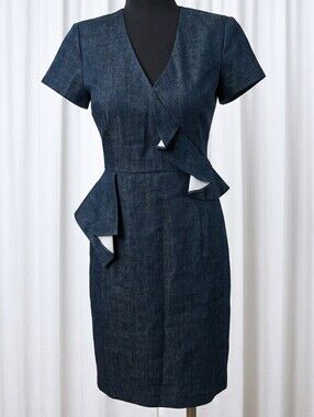 Raoul Cosmo Dark Denim Ruffle Fitted Peplum Mini Dress.